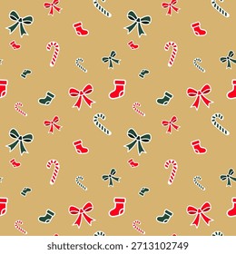 Seamless Christmas pattern with cute stockings, bows, and candy canes. Vector illustration on gold background for holiday wrapping paper.