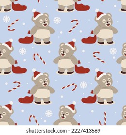 Seamless christmas pattern cute teddy bear in santa hat and sack with gifts