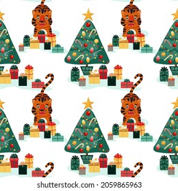 Seamless Christmas pattern with cute tigers, Christmas trees and gift boxes. Vector pattern. Festive background for fabric, clothing, wallpaper, wrapping paper, stationery. 