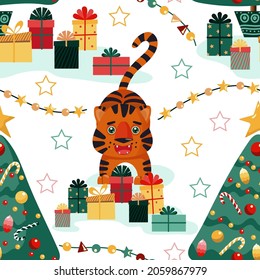 Seamless Christmas pattern with cute tigers, fir trees, gift boxes, stars and garlands. Vector pattern. Festive background for fabric, clothing, wallpaper, wrapping paper, stationery.
