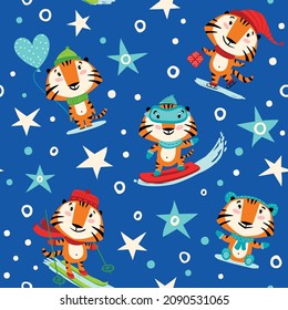 Seamless Christmas pattern with cute tigers, stars and confetti on a blue background.