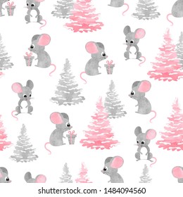 Seamless Christmas pattern with cute watercolor mouse. Holiday background with rats.