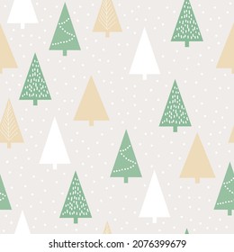 Seamless Christmas pattern. cute white, yellow and green Christmas trees on a white background. vector texture. fashionable print for textiles and packaging.
