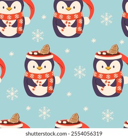 Seamless Christmas Pattern with cute Xmas Mug with cacao, whipped cream, marshmallow, gingerbread and candy cane. Seasonal flavored products, cards for New Year or winter holidays.