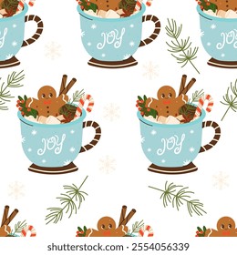 Seamless Christmas Pattern with cute Xmas Mug with cacao, whipped cream, marshmallow, gingerbread and candy cane. Seasonal flavored products, cards for New Year or winter holidays.