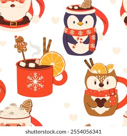 Seamless Christmas Pattern with cute Xmas Mug with cacao, whipped cream, marshmallow, gingerbread and candy cane. Seasonal flavored products, cards for New Year or winter holidays.