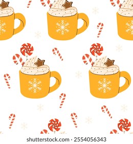 Seamless Christmas Pattern with cute Xmas Mug with cacao, whipped cream, marshmallow, gingerbread and candy cane. Seasonal flavored products, cards for New Year or winter holidays.