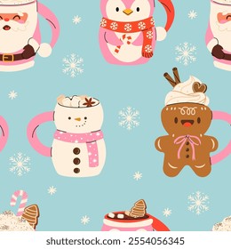 Seamless Christmas Pattern with cute Xmas Mug with cacao, whipped cream, marshmallow, gingerbread and candy cane. Seasonal flavored products, cards for New Year or winter holidays.