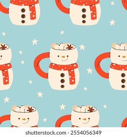 Seamless Christmas Pattern with cute Xmas Mug with cacao, whipped cream, marshmallow, gingerbread and candy cane. Seasonal flavored products, cards for New Year or winter holidays.