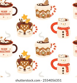 Seamless Christmas Pattern with cute Xmas Mug with cacao, whipped cream, marshmallow, gingerbread and candy cane. Seasonal flavored products, cards for New Year or winter holidays.