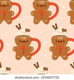 Seamless Christmas Pattern with cute Xmas Mug with cacao, whipped cream, marshmallow, gingerbread and candy cane. Seasonal flavored products, cards for New Year or winter holidays.