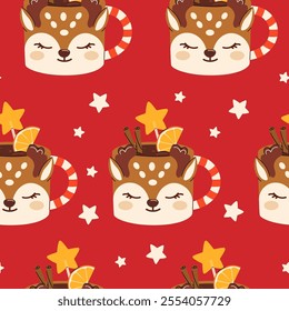 Seamless Christmas Pattern with cute Xmas Mug with cacao, whipped cream, marshmallow, gingerbread and candy cane. Seasonal flavored products, cards for New Year or winter holidays.