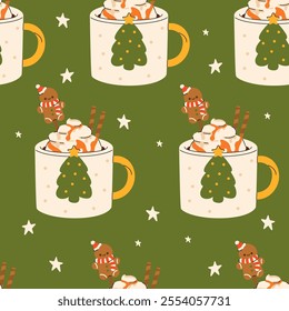 Seamless Christmas Pattern with cute Xmas Mug with cacao, whipped cream, marshmallow, gingerbread and candy cane. Seasonal flavored products, cards for New Year or winter holidays.