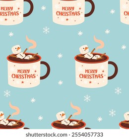 Seamless Christmas Pattern with cute Xmas Mug with cacao, whipped cream, marshmallow, gingerbread and candy cane. Seasonal flavored products, cards for New Year or winter holidays.