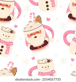 Seamless Christmas Pattern with cute Xmas Mug with cacao, whipped cream, marshmallow, gingerbread and candy cane. Seasonal flavored products, cards for New Year or winter holidays.