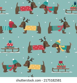 Seamless Christmas pattern with dachshunds in hats and scarfs, sledges, snowflakes on blue background. Vector illustration. 
