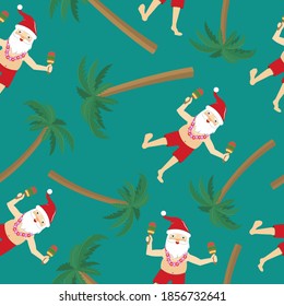 Seamless christmas pattern with dancing santa claus in hawaiian style and palm trees. Vector illustration made in a flat style with a green background for wrapping paper