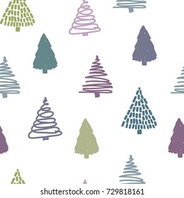 Seamless christmas pattern with decorated hand drawn simple christmas trees.