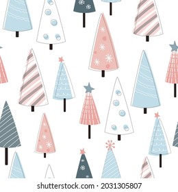 Patrón de Navidad sin inconvenientes. Árboles de Año Nuevo decorados para las vacaciones. Simple abstracto estilo minimalista escandinavo. Formas triangulares. Gráficos vectoriales. Diseño para textiles, papel, embalaje.
