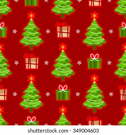 Seamless Christmas pattern with decorated pine trees and gift boxes