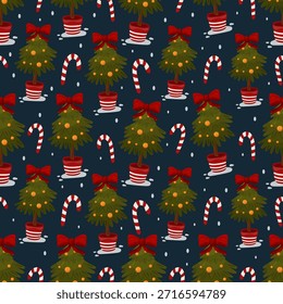 Patrón de Navidades sin fisuras con árboles de Navidad en macetas decoradas con arcos rojos, bastones de caramelo, nieve caída y adornos festivos sobre un fondo azul oscuro. Ilustración de invierno alegre conveniente para envolver el papel, los textiles, los Fondos de pantalla, la papelería, el empaquetado y los proyectos del diseño del día de fiesta