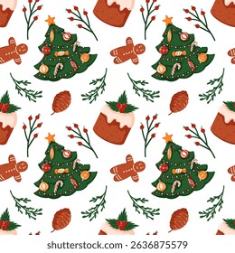 Seamless Christmas pattern with decorated tree, gingerbread cookie, cake, pine cone on white background in cartoon style. Perfect for holiday design, gift package and festive decor.
