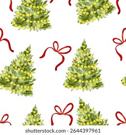 Seamless Christmas pattern with decorated trees and red bows on white background. Vector illustration