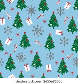 Seamless Christmas pattern with decorated Christmas trees, candy canes, gifts, and snowflakes on colorful backgrounds. Perfect for wrapping paper, fabric, greeting cards, and festive digital designs. 