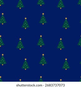 Seamless Christmas pattern with decorated Christmas trees on a dark blue background