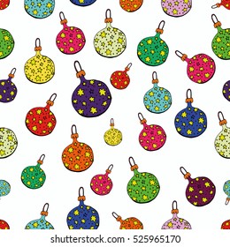 seamless Christmas pattern with Christmas decorations of colorful balloons with stars. Cheerful, joyful. Suitable for wrapping paper