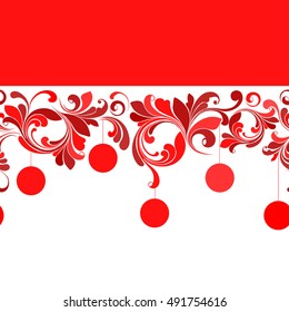 Seamless Christmas pattern. Christmas decorations on the tree. Red ribbon.