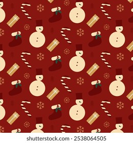 Patrón de Navidades sin fisuras con decoraciones de Navidad, muñeco de nieve, regalo, nieve, caramelo sobre el fondo rojo. Ilustración vectorial.