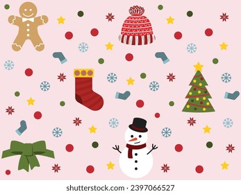 Seamless Christmas pattern - with Christmas decorations - tree, ginger man, snow man, tie and socks on cream background
Seamless New Year vector Pattern