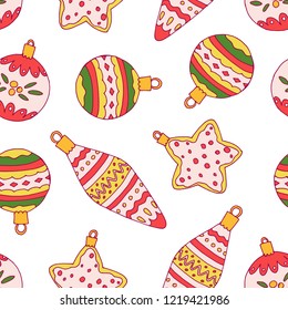 Seamless christmas pattern with decorative balls and toys