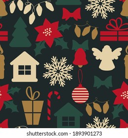 Seamless Christmas pattern with decorative elements. Vector illustration