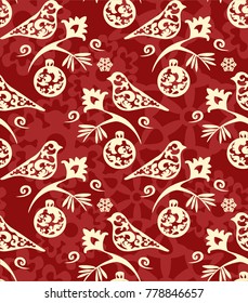 Seamless Christmas Pattern with decorative figures of birds and balls
