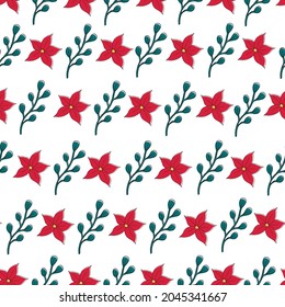 Seamless Christmas pattern with decorative flowers and twigs. A pattern with a poinsettia and a branch with leaves. A vector image. For backgrounds and packaging products