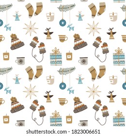 Seamless Christmas pattern with decorative ornaments, socks, mittens and hats