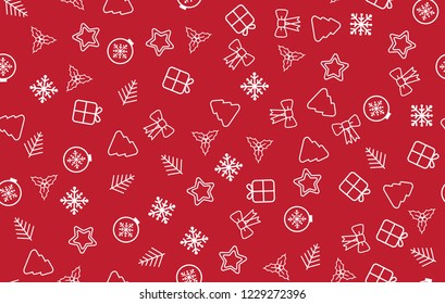 Seamless Christmas pattern. Christmas pattern with decorative snowflakes, gift box, christmas tree, star, christmas balls on white background.