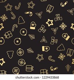 Seamless Christmas pattern. Christmas pattern with decorative snowflakes, gift box, christmas tree, star, christmas balls on white background.