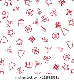 Seamless Christmas pattern. Christmas pattern with decorative snowflakes, gift box, christmas tree, star, christmas balls on white background.