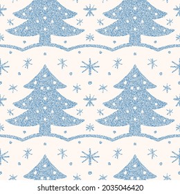 Seamless Christmas pattern with decorative Christmas trees. Drawing with dots. Vector illustration