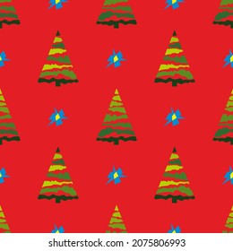 Patrón de Navidad sin inconvenientes con árboles decorativos de Navidad. Árboles verdes de Navidad en un fondo rojo. Ilustración del vector