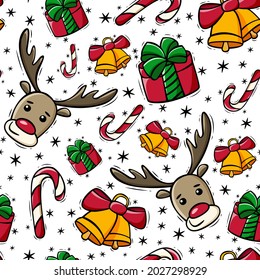 Nahtloses Weihnachtsmuster mit Hirsch, Süßigkeiten, Geschenk und Glocken im Dodle-Stil. Handgezeichnetes Weihnachtsmuster.