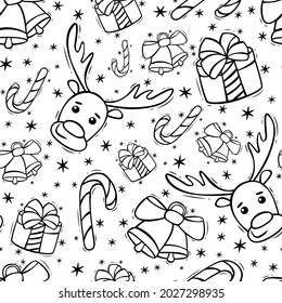 Seamless Christmas pattern with deer, candy cane, gift and bells in doodle style. Hand drawn Christmas pattern.