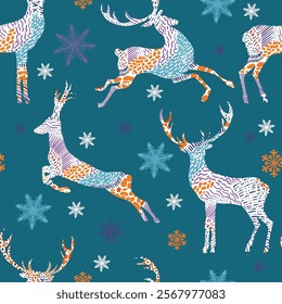 Seamless Christmas pattern with deer. hand drawing. Not AI, Vector illustrations