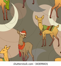 Seamless Christmas pattern. Christmas deer in scarfs, sweaters and Christmas hats. New Year's little fawns. Colorful deer. Deer set. Vector illustration.