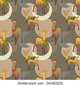 Seamless Christmas pattern. Christmas deer in scarfs, sweaters and Christmas hats. New Year's little fawns. Colorful deer. Deer set. Vector illustration.