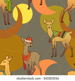 Seamless Christmas pattern. Christmas deer in scarfs, sweaters and Christmas hats. New Year's little fawns. Colorful deer. Deer set. Vector illustration.