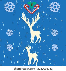 Patrón de navidad sin foco 
silueta de ciervo con nieve y copos de nieve con dibujo a mano alzada